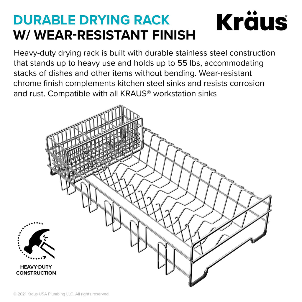 Kraus Workstation Kitchen Sink Dish Drying Rack Drainer and Utensil Holder, 17" L x 9" W, Stainless Steel, KDR-3