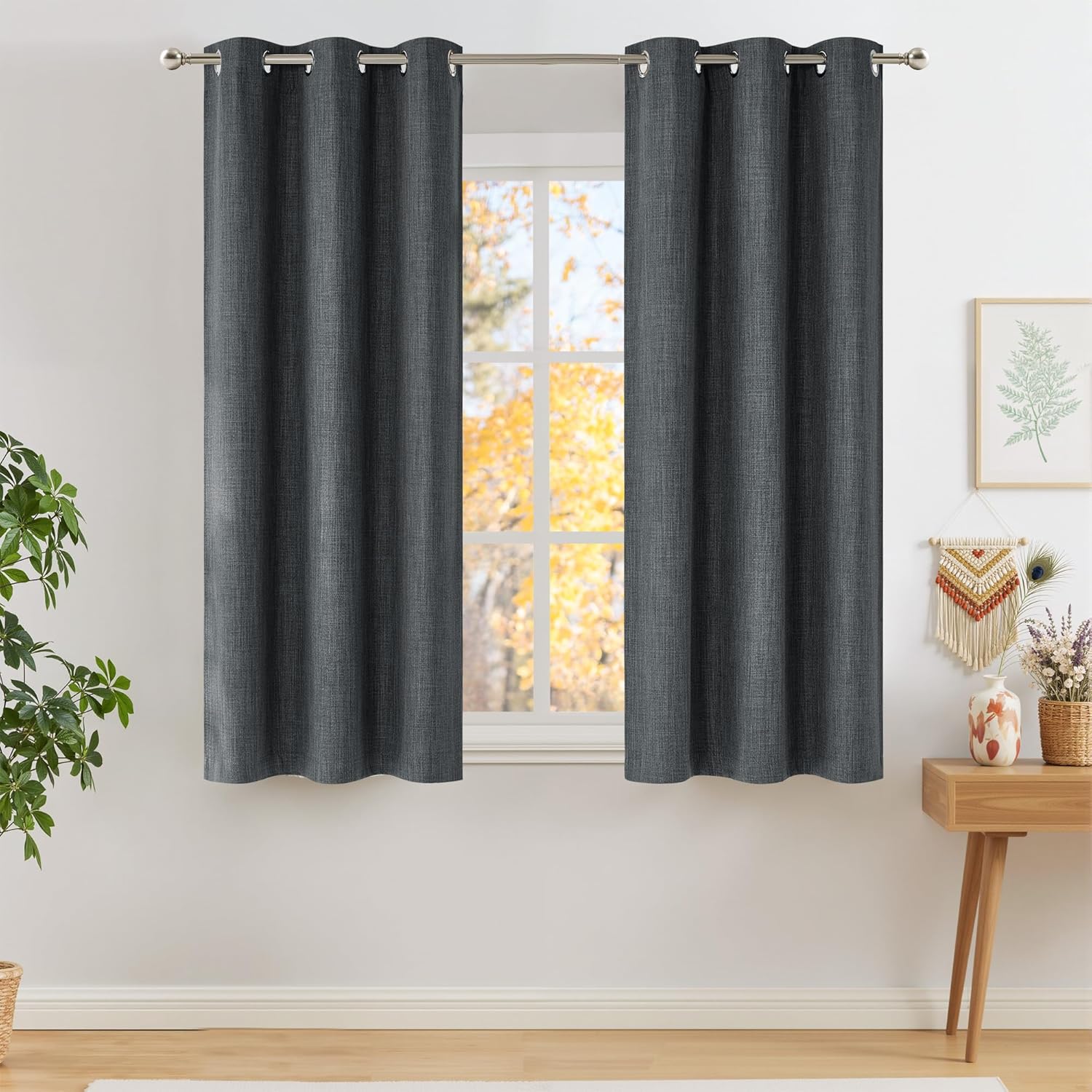 NICETOWN Blackout Curtains - Charcoal Gray Faux Linen Privacy Panels, 63 Inches Long | 2 Panels, Easy Care Grommet Top