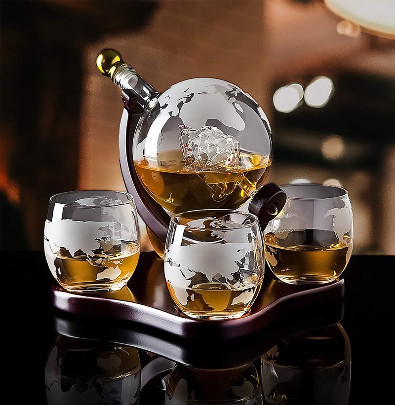 Attractive Home Bar Décor 5pc Whiskey/Wine Globe Decanter Set, World Etched Bottle with 4 Premium Glass Cups on Attractive Mahogany Wood Stand. - THE PERFECT PRESENT -