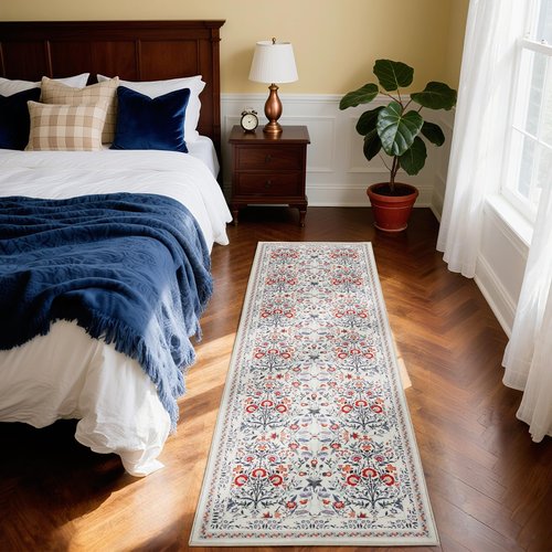 Area Rug Washable Rug Runner, 2X10 Hallway Runner Rugs for Bedroom Floral Boho Carpet Ultra-Thin Soft Kitchen Mats for Floor, Non-Slip Stain Rugs for Living Room, Entryway, Kitchen, Beige and Red