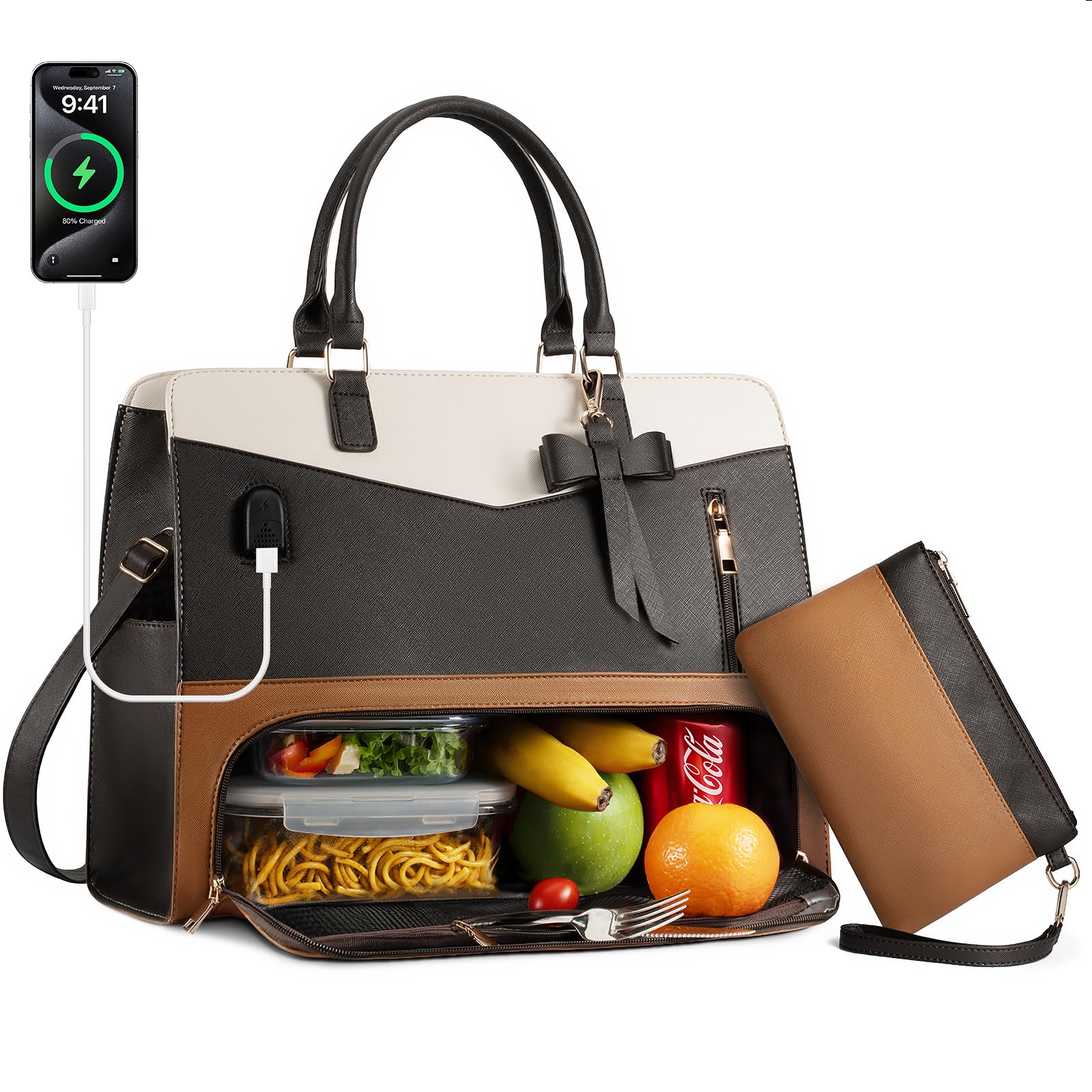 Tiostep Lunch Tote Bag for Women 2 in 1 Laptop Work Bag with Lunch Insulated Compartment and Purse Combo Waterproof PU Leather 15.6 Inch Computer Shoulder Bag for Daily, Office, Picnic. Mix Color