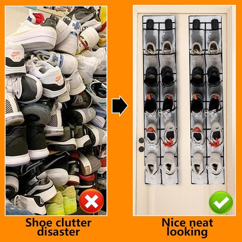 MSLOVE Over The Door Shoe Organizer - 12 Large Mesh Pockets for Closet Storage, White | 2 Pack
