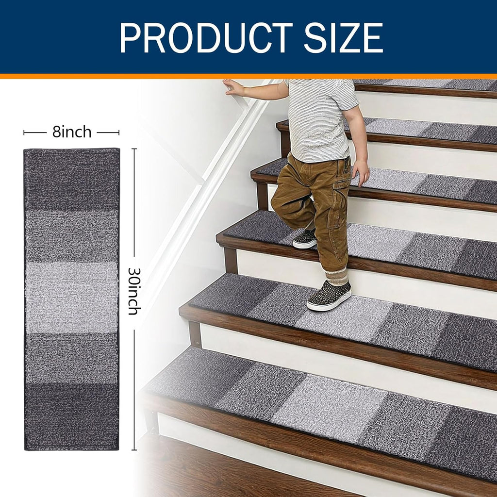 OLANLY Non-Slip Stair Treads - 15PCS Indoor Stair Runners for Wooden Steps | 8" x 30" Grey Edging Rugs