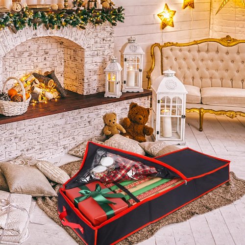 Juegoal Christmas Storage Organizer - 40.5 Inch Gift Wrapping Paper Storage with Interior Pockets | 2023 Upgrade Underbed Box, Tear-Proof Fabric