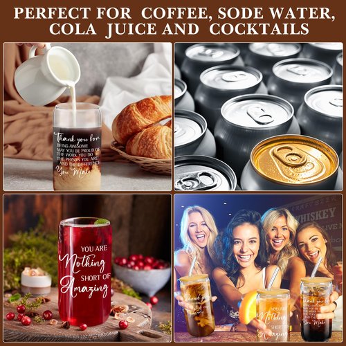 Purpeak 6 Set Employees Appreciation Gifts Thank You Team Gift Bulk Coworkers Staff 16oz Can Beer Glass Cup with Lids Straws Brushes for Teacher Nurse(Elegant Style)