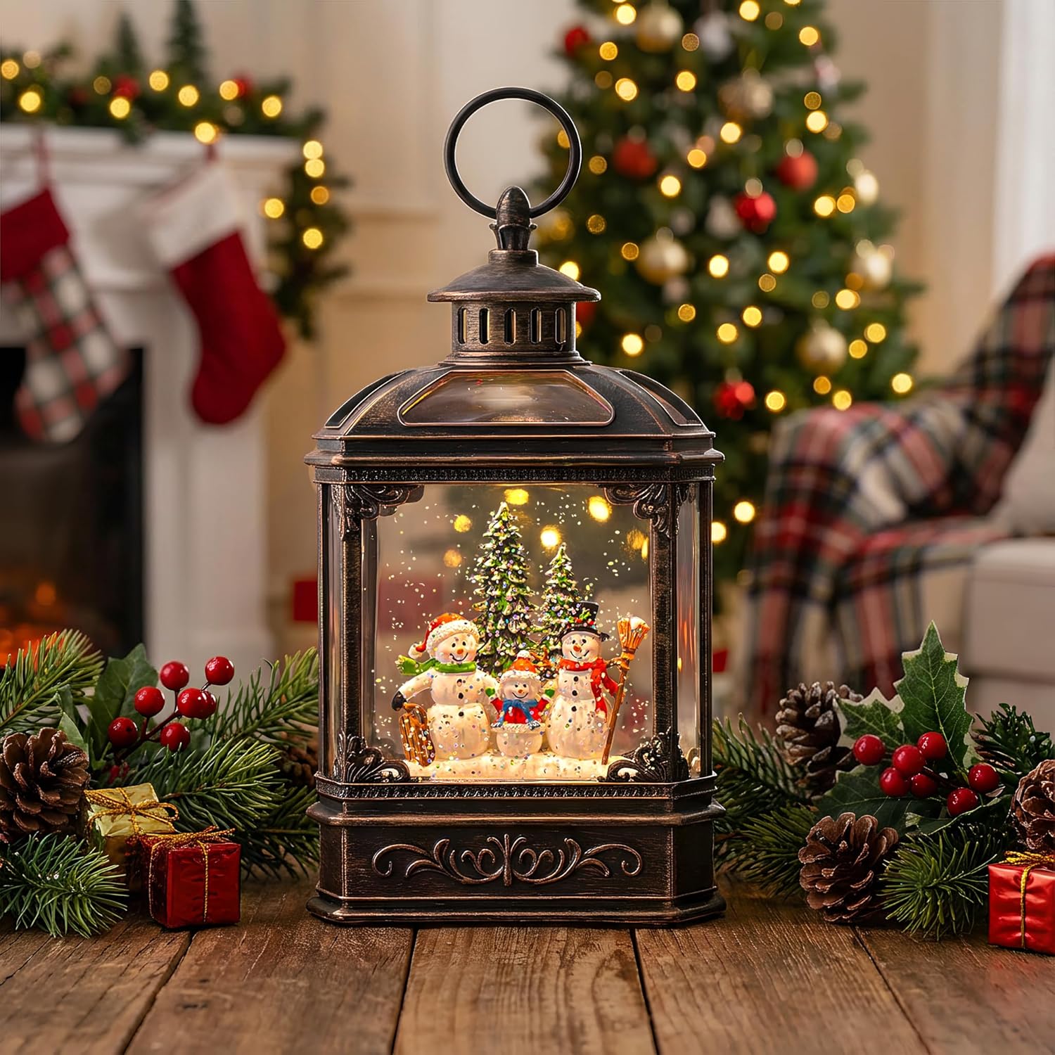 VISFLAIR Christmas Snow Globe - Lighted Snowman Family with Swirling Glitter | Musical Holiday Decoration