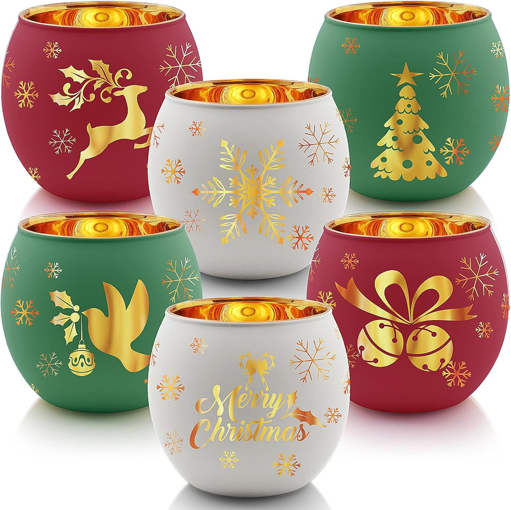 Skiennix Christmas Votive Candle Holder Set - 6 Red, Green & White Glass Tealight Holders with Laser Engraved Designs for Winter Table Decor