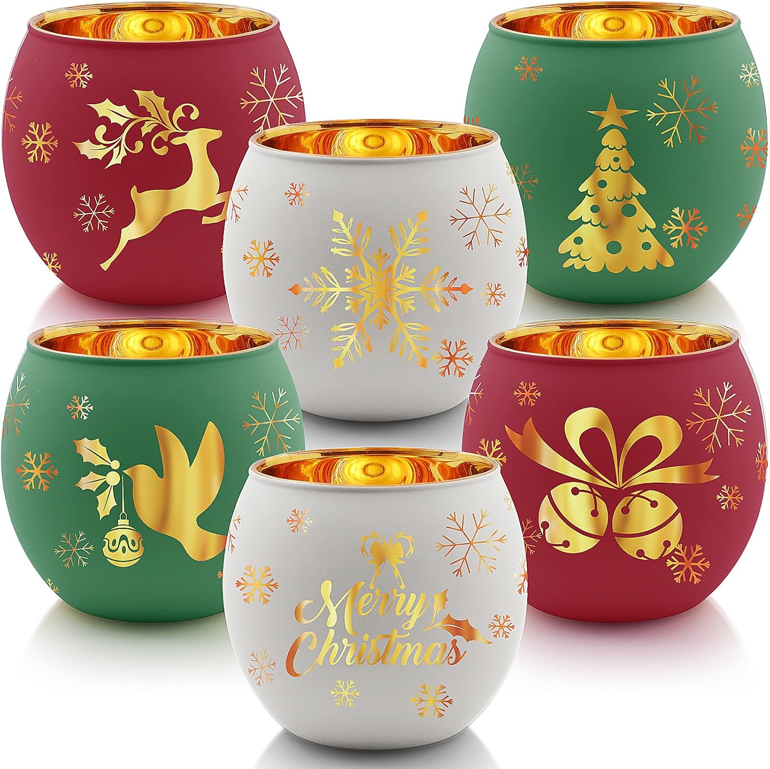 Skiennix Christmas Votive Candle Holder Set - 6 Red, Green & White Glass Tealight Holders with Laser Engraved Designs for Winter Table Decor