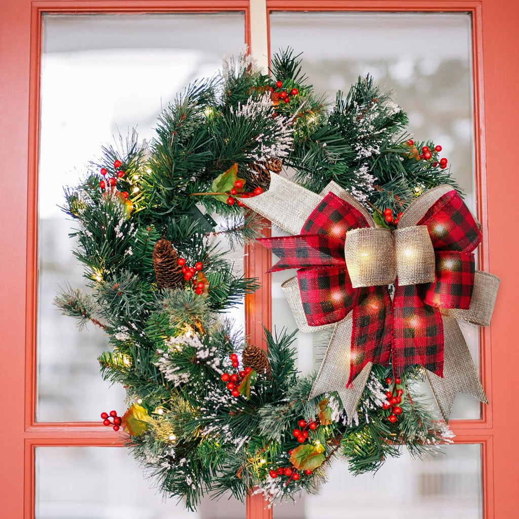 SIMISI Ribbon LED Christmas Bow - Rustic Buffalo Plaid Burlap with Lights | 9.5 x 13 Inch Holiday Decor