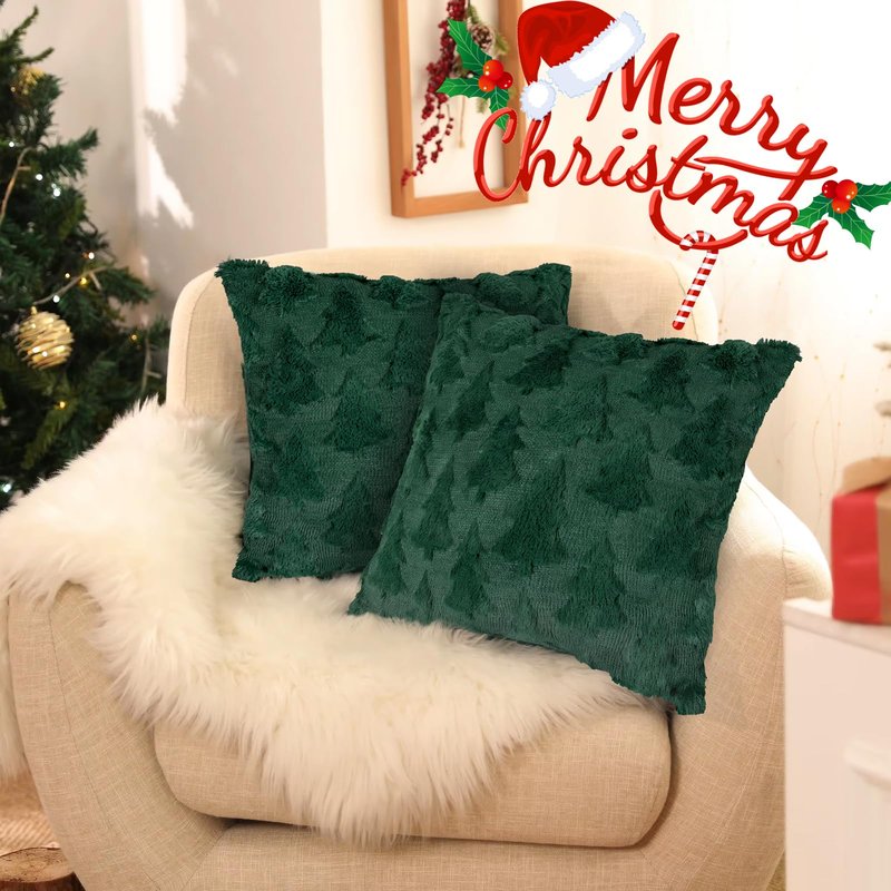candyfouse Christmas Snow Pillow Covers 18x18 inches 2-Piece Set White Soft Plush Artificial Fur Jacquard Bedroom Sofa Holiday Winter Home Decoration
