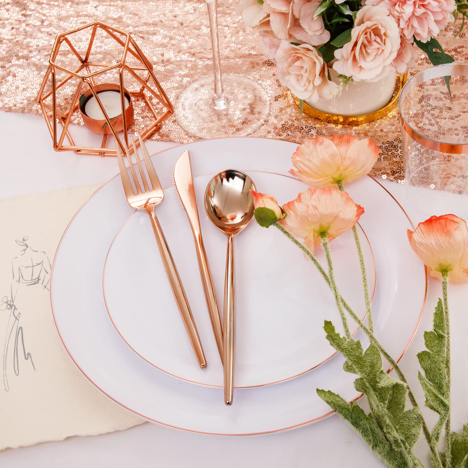 LUODA 350PCS Rose Gold Plastic Plates, Rose Gold Dinnerware Sets include：100 Party Plates, 50 Pre-Rolled Napkins with Rose gold Silverware and 50 10OZ Plastic Cups,Idea for Party