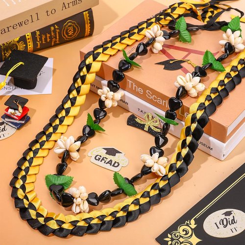 FYSUIMU Graduation Ribbon Lei - Handmade Black & Gold Kukui Nut Necklace for College Grads