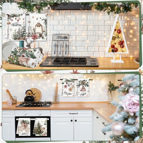 FuWeave Christmas Kitchen Towels Beige Xmas Tree Dishtowels Decorative Hello Winter Hand Towels Absorbent Gloves Ball Merry Christmas Tea Drying Cloth Xmas Decor for Kitchen Bathroom Farmhouse Gift