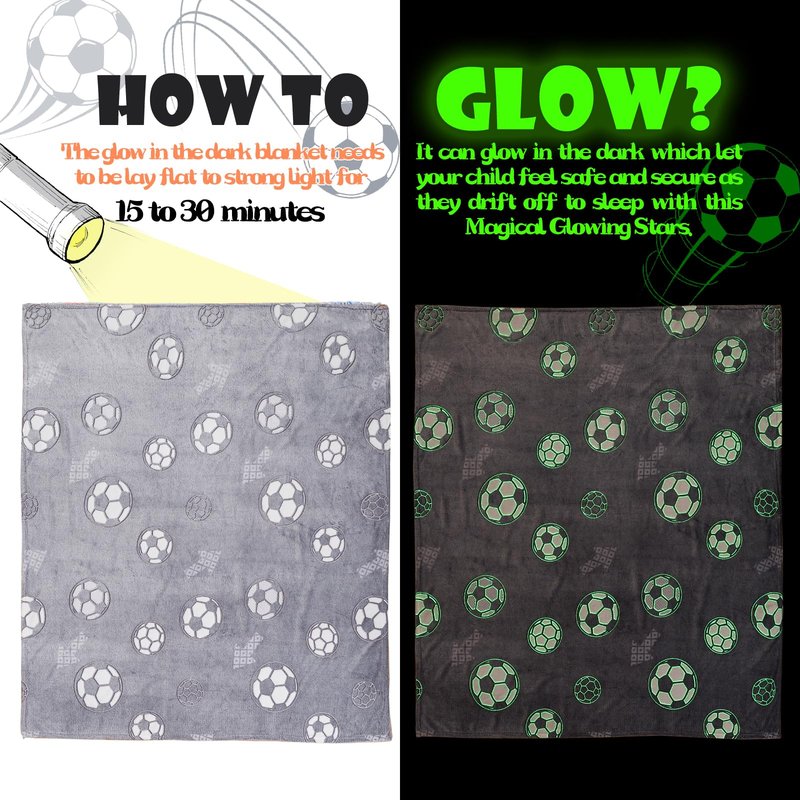 UOMNY Glow in The Dark Blanket for Boys,Soft Football Throw Blanket Kids Luminous Balls Blankets for Couch Valentine's Day Gift Luminous Blanket Grey 50 x 60 inch ﻿