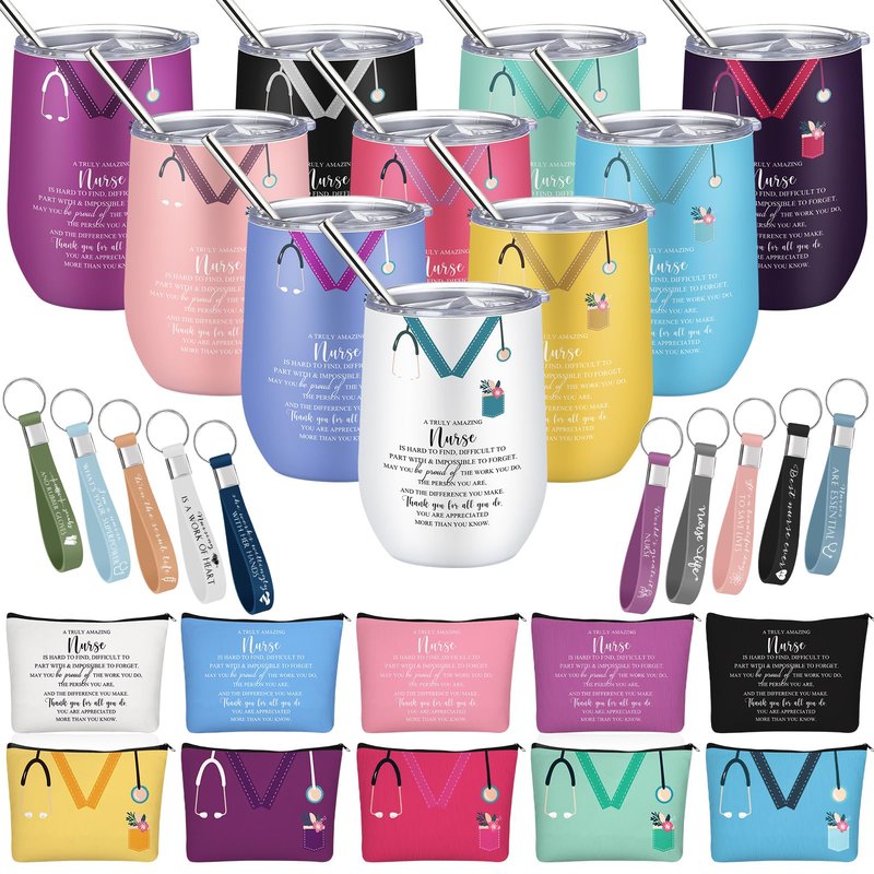 Ziliny 30 Pcs Nurses Week Gifts Bulk 2026 Nursing Makeup Bags for Work Nurse Appreciation Gifts 12 oz Wine Tumbler, Makeup Bag, Keychain