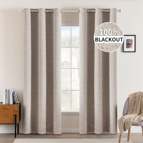 MIULEE Linen Blackout Curtains - 100% Room Darkening Thermal Insulated Grommet Panels | Khaki, 42"x84" (2 PCs)