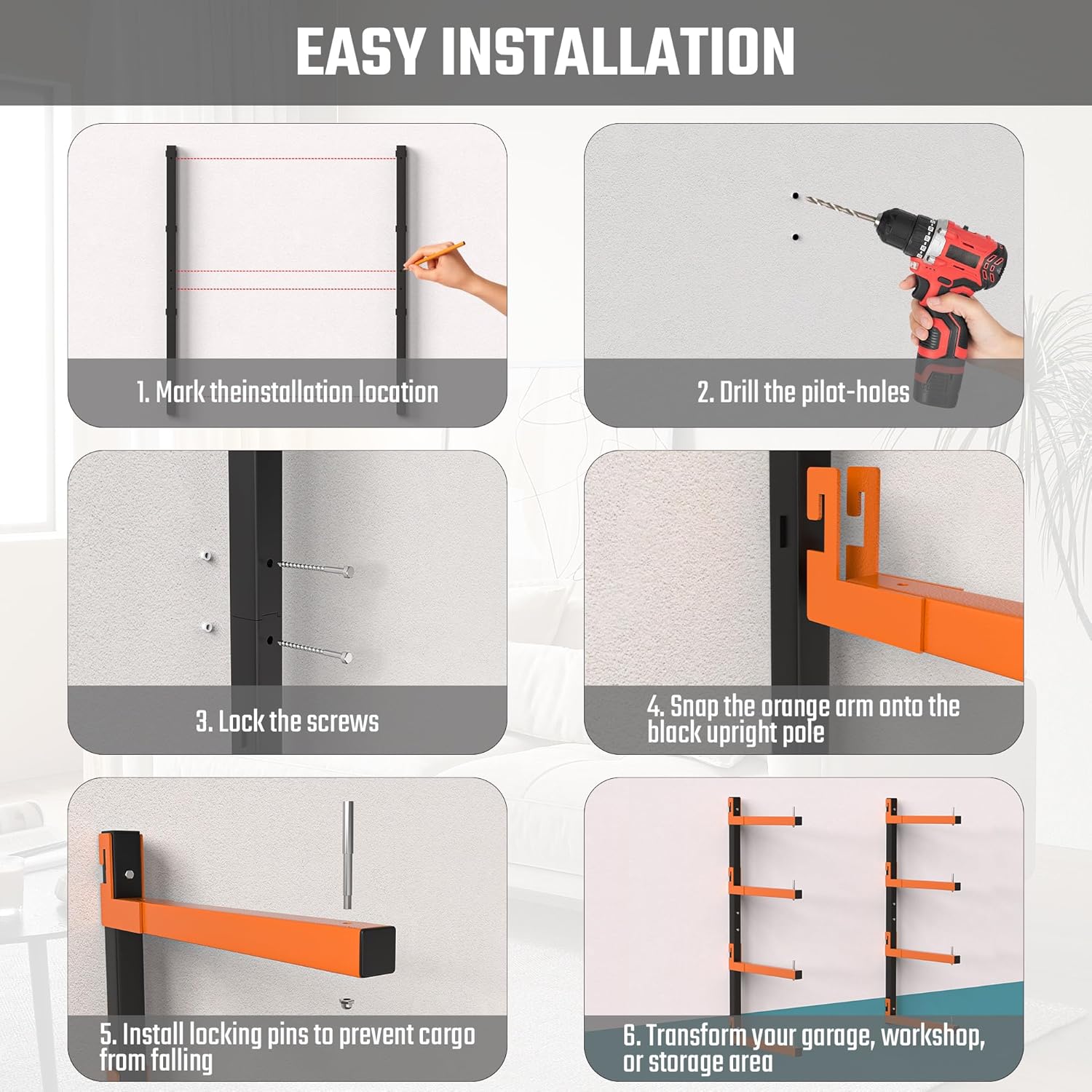 Snap-Fit Lumber Storage Rack | Heavy-Duty Metal Wall Mount - 8 Levels, 32 Inch Capacity