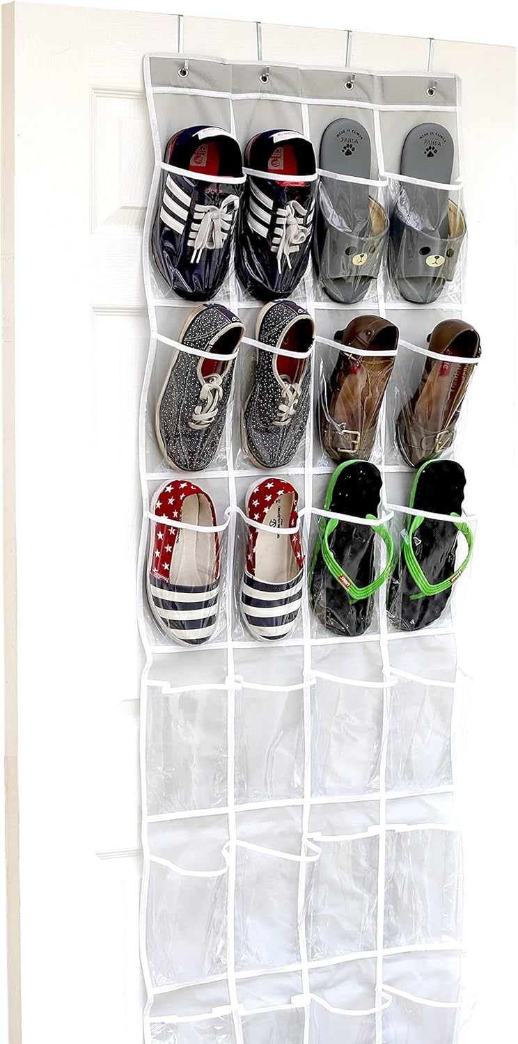 Simple Houseware 24 Pockets Over The Door Hanging Shoe Organizer - Crystal Clear, Gray (64'' x 19'')
