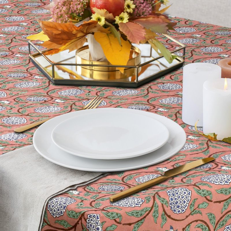 Newtay 60'' x 90'' Hand Block Print Mahjong Table Cloth Square Cotton Floral Tablecloth Washable Print Rectangle Table Cover with Dust Proof for Kitchen Dining Party(60'' X 90'',Dark Salmon,Pink)