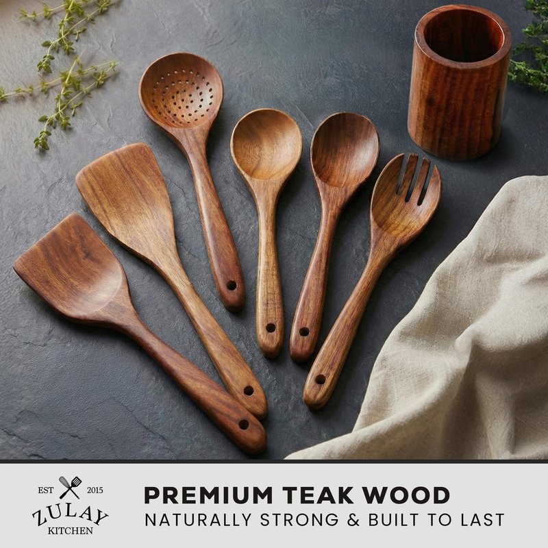 Zulay Kitchen 7-Piece Wooden Cooking Spoons Set – Heat-Resistant, Smooth Teak Utensils with Comfort Grip – Lightweight & Durable – Easy to Clean, Perfect for Non-Stick Cookware