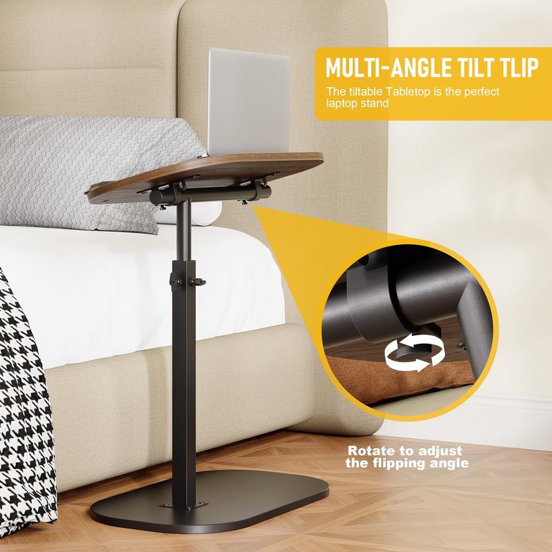 C Shaped End Side Table with Anti-Drop Rod, Adjustable Height & 360° Swivel Snack Table for Couch, Sofa, Bedroom, Living Room, TV Tray Table for Eating, Dinner or Laptop, Small Spaces, Walnut