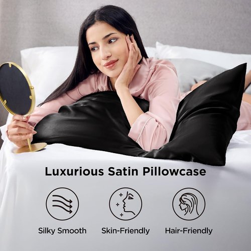 Bedsure King Size Satin Pillowcase Set of 4 - Black Silk-Like Pillow Covers for Hair & Skin | 20x36 Inches
