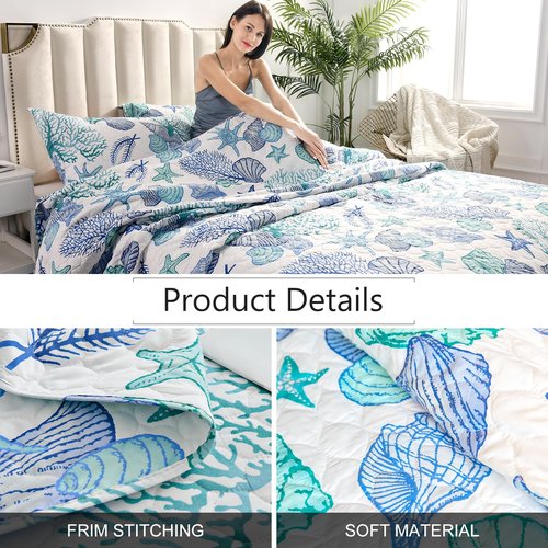 Ycosy 3 Piece Coastal Beach Quilt Set King Size Ocean Theme Bedding Set Blue Green Lightweight Bedspread Coverlet Shell Coral Conch Starfish Bed Covers Bedroom Decor with 2 Pillow Shams