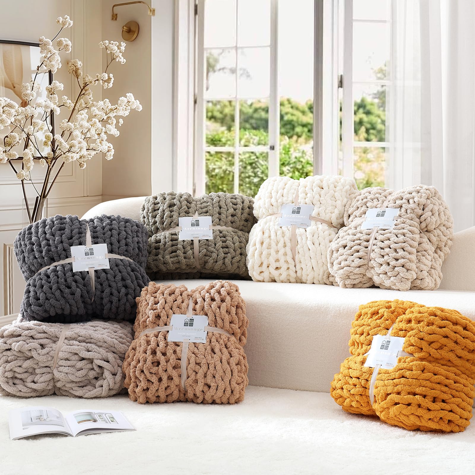 WRENSONGE Chunky Knit Blanket Throw Dark Grey Large Soft Fluffy Cable Knit Crochet Throw 100% Hand Knitted Blanket for Couch Bed(40"x40")