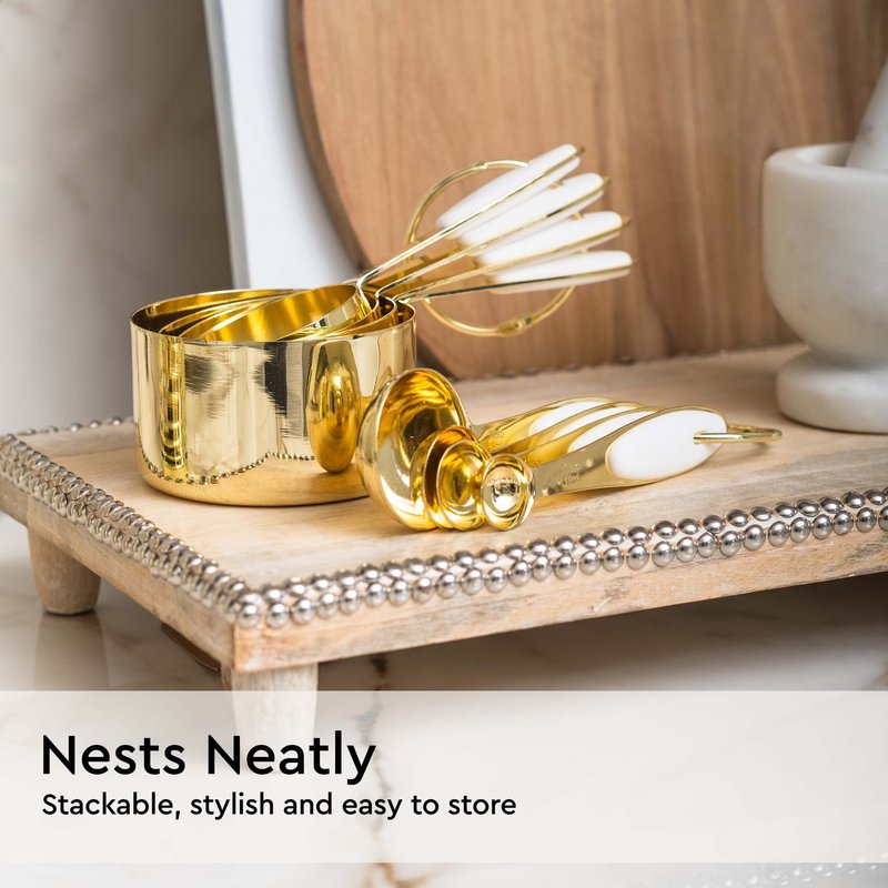 White and Gold Measuring Cups and Spoons Set – 8-Piece Stackable Stainless Steel Measuring Set – Stylish Gold Kitchen Accessories for Precise Baking and Cooking, Ideal Gift for Bakers and Chefs