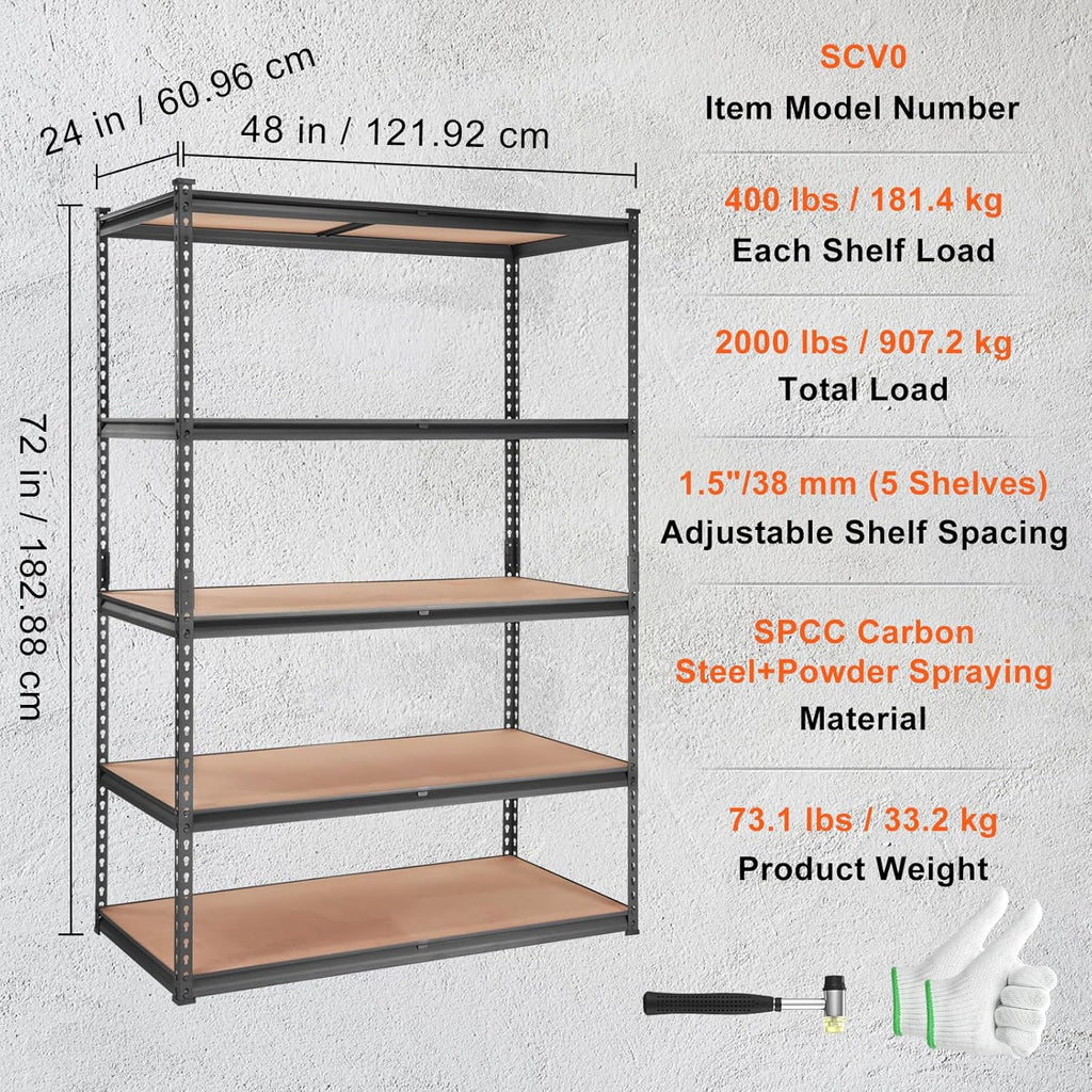 VEVOR Heavy-Duty Storage Shelving Unit - 5-Tier Adjustable Metal Shelves | 48" L x 24" W x 72" H