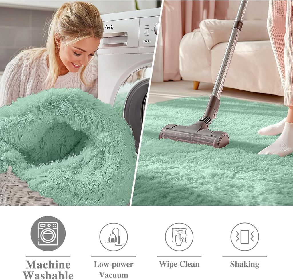 OLANLY Mint Green Round Rug - Soft, Fluffy Shaggy Carpet | 4 ft Machine Washable Area Rug for Bedroom & Living Room Decor