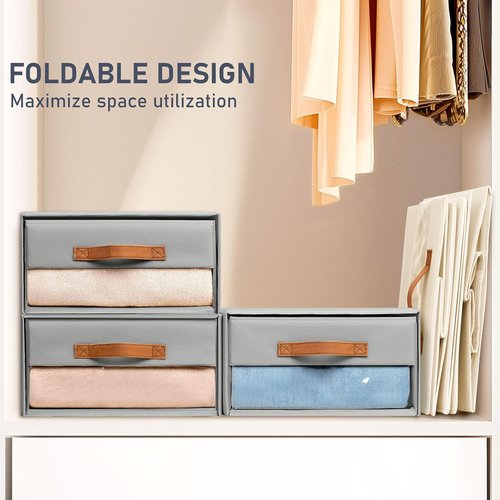 DIMJ Closet Organizers - Foldable Fabric Bins with Clear Windows | Stackable Storage Drawers, 4-Pack, Grey