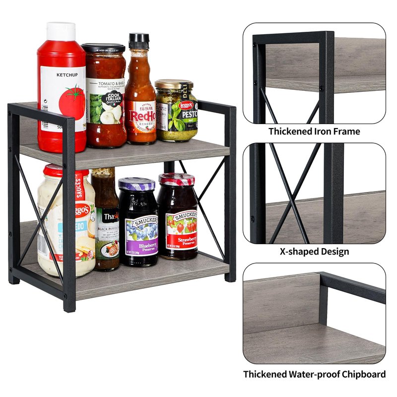 Giikin Countertop Shelf Organizer, 2 Tier Kitchen Spice Rack for Countertop, Wood Coffee Counter Shelf for Home, Particle Board and Metal, Grey, Small