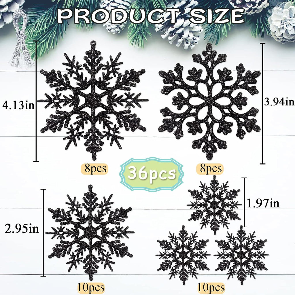 Skiennix 36-Piece Black Christmas Snowflake Ornaments - Glittery Hanging Decor for Winter Wonderland