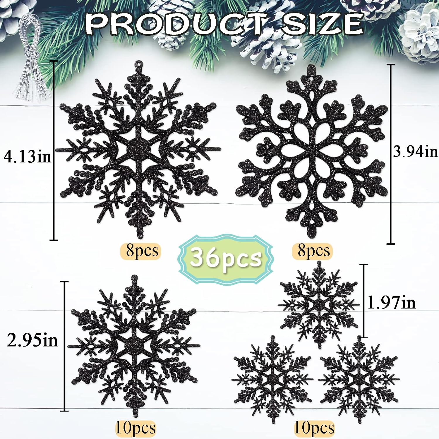 Skiennix 36-Piece Black Christmas Snowflake Ornaments - Glittery Hanging Decor for Winter Wonderland