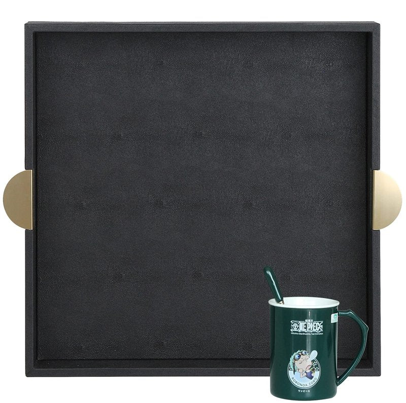 HofferRuffer Faux Leather Decorative Serving Tray, Elegant Coffee Table Ottoman Tray, Breakfast, Drinks, Liquor Serving Platter, Black Shagreen Finish with Gold Hardware Handle (Square)