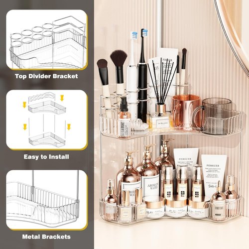 Asayuee 2-Tier Corner Bathroom Organizer - Large Makeup & Skincare Holder with Toothbrush Slots | Clear