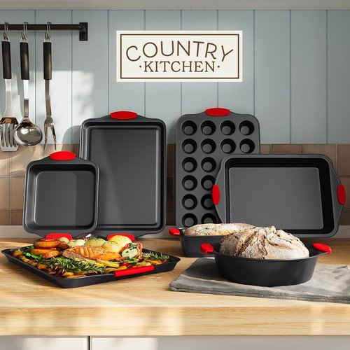 Country Kitchen Nonstick Bakeware Set - Heavy Duty, Durable & Easy Release | 10-Piece Red Set