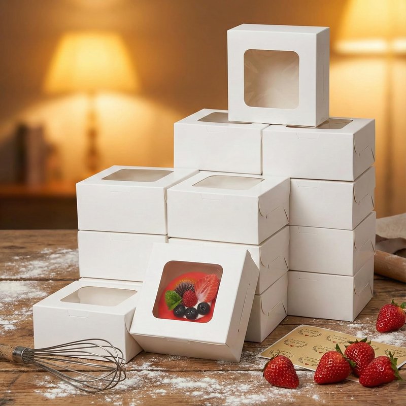 Zzrywuty 50 Packs 5x5x2.5in White Cookie Boxes, Bakery Boxes with Window, Mini Cake Boxes, Food Container Boxes for Cookies, Pastry, Pie, Strawberries, Donuts, Candy, Desserts, Small Cake
