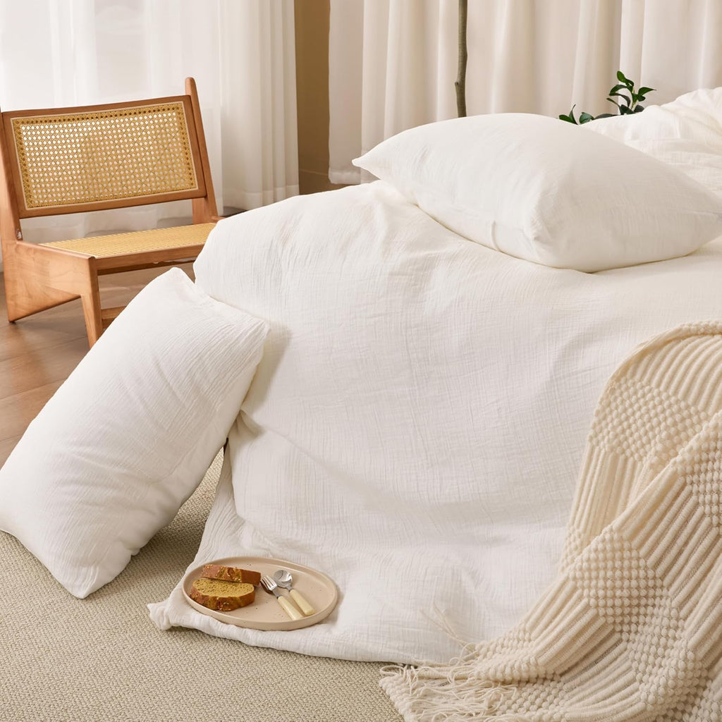 Skiennix Off White Queen Duvet Cover Set - 100% Sandwashed Cotton, 3 Pieces with Zipper Closure & Corner Buttons
