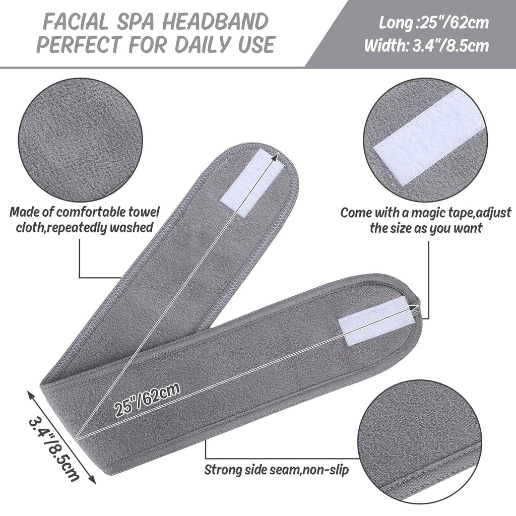 Whaline Spa Facial Headband Set - Adjustable Terry Cloth Wraps for Makeup & Skincare | 3 Pcs in White, Black, Gray