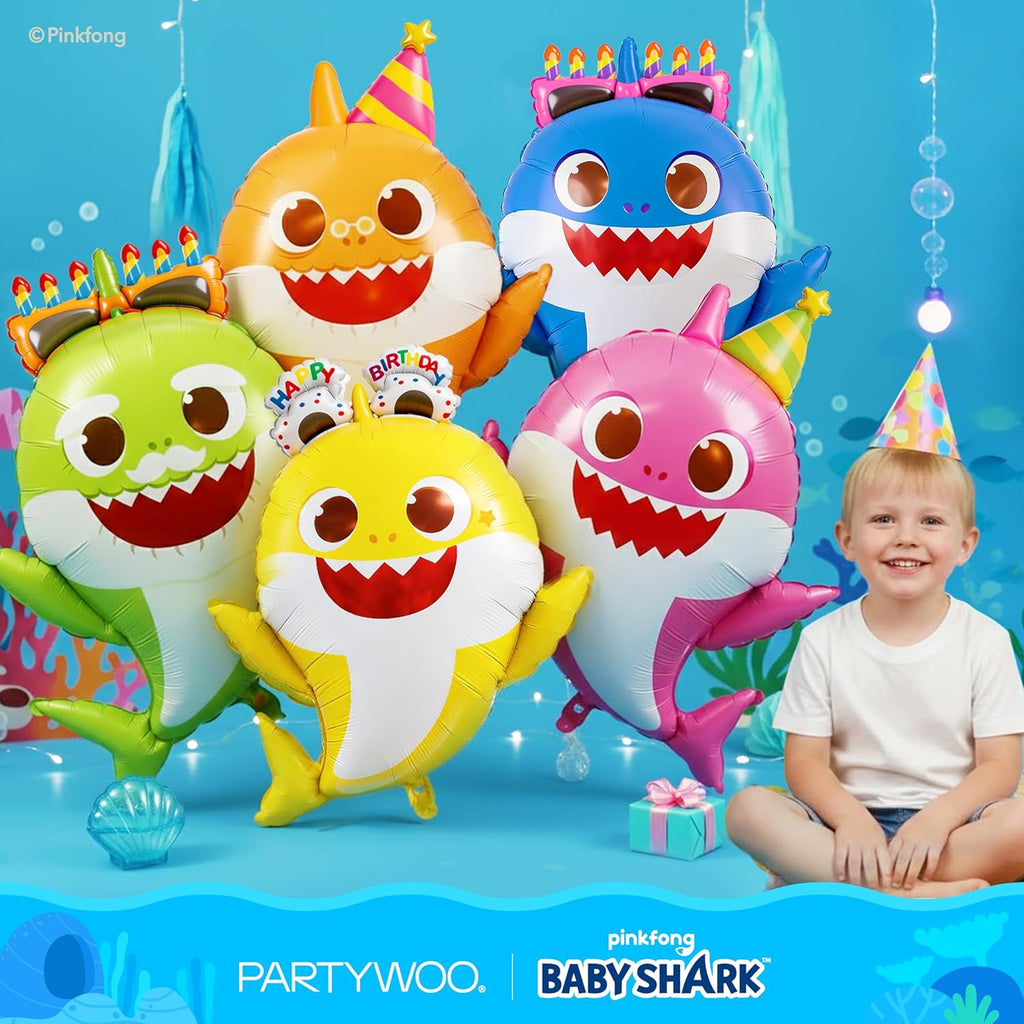 PartyWoo Baby Shark Family Foil Balloons - 5pcs Mylar Helium Balloons for Ocean-Themed Birthday Party | 36-34-32 Inch