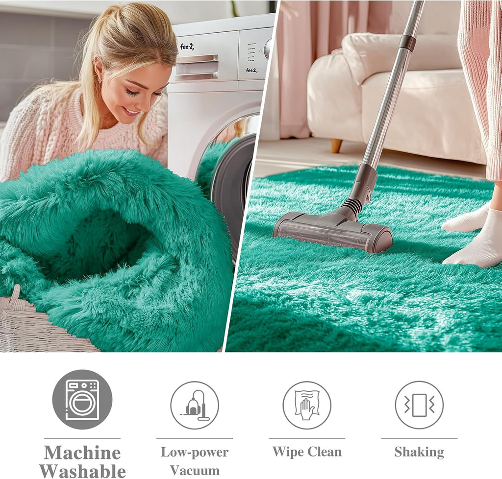OLANLY Round Teal Green Area Rug - Soft, Fluffy, Machine Washable 9 ft Carpet for Bedroom & Living Room