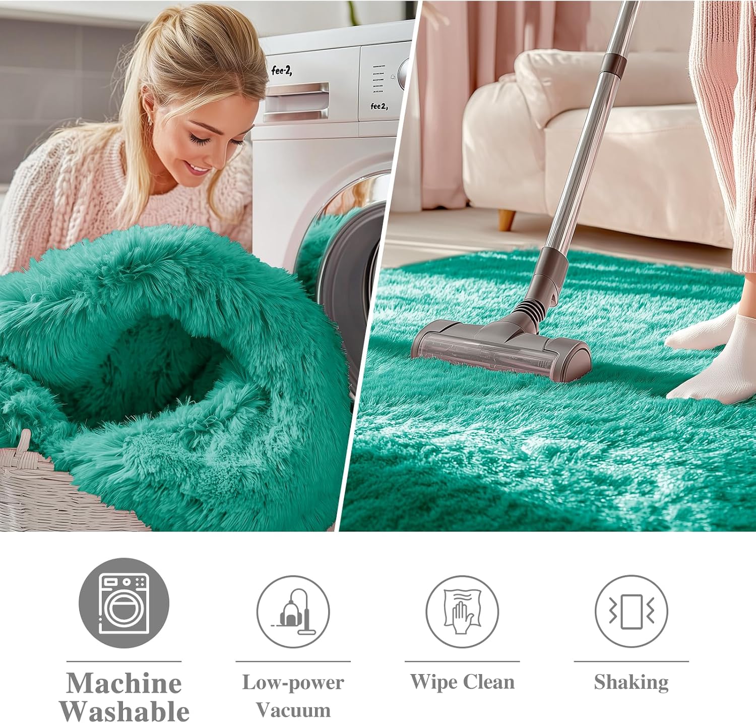 OLANLY Round Teal Green Area Rug - Soft, Fluffy, Machine Washable 9 ft Carpet for Bedroom & Living Room