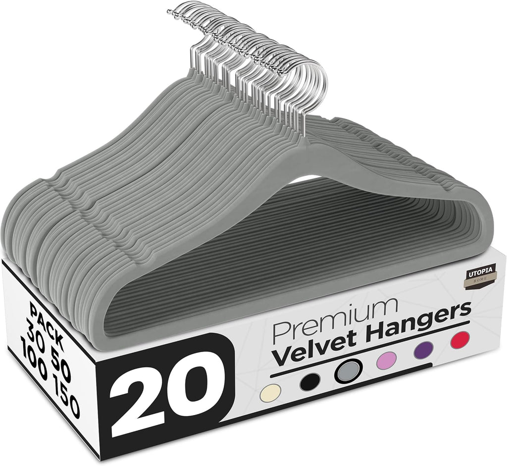 Utopia Home Velvet Hangers - Luxury Non-Slip Slim Coat & Pant Hangers, Space-Saving Design | 20 Pack - Grey