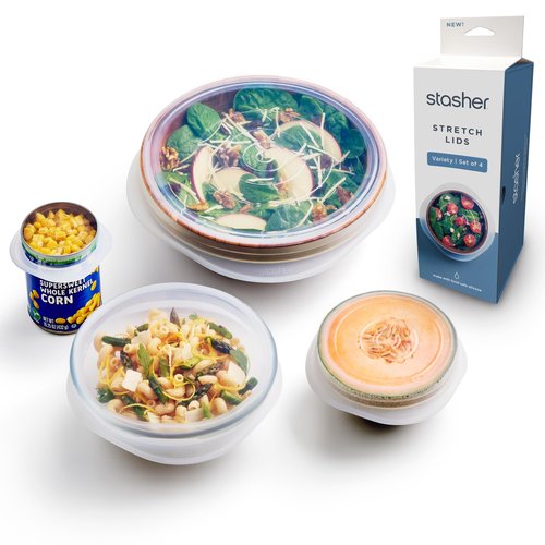 Stasher Silicone Stretch Lids, 4-Pack, Food Covers for Bowls, Jars, Cups, Microwave, Dishwasher, Oven Safe, Silicone Lids for Food Storage, Eco Friendly, Variety of Sizes, Food Grade Silicone, Clear