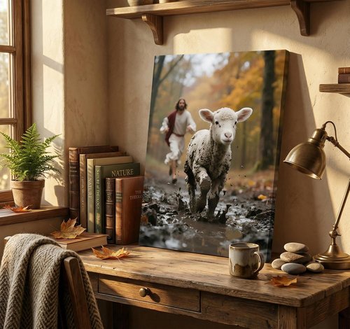 Jesus Canvas Wall Art - Good Shepherd Running After Lost Lamb | Christian Decor for Home & Church