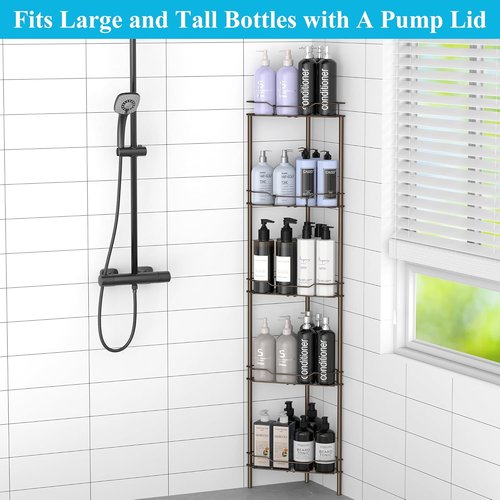 HuggieGems 5-Tier Corner Shower Caddy Organizer - Stylish Bronze Bathroom Shelf with Hooks