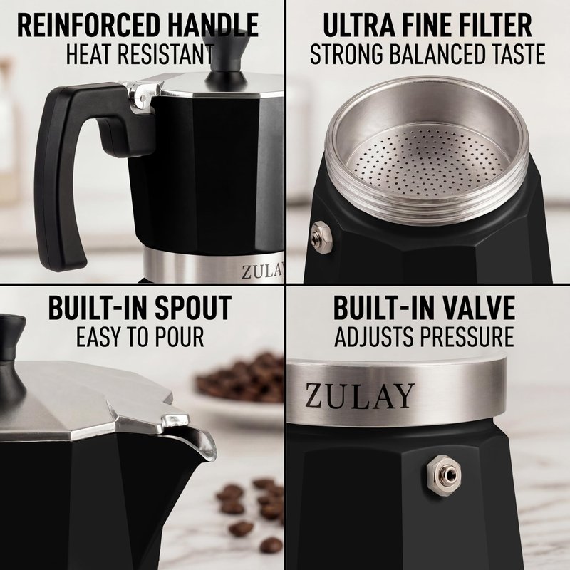 Zulay Moka Pot Espresso Stovetop Coffee Maker - Leak-Proof, Stainless Steel, Easy to Clean, Heat Resistant Handle & Knob - for Authentic Cuban & Italian Style Espresso - Makes 6 Espresso Cups - Black