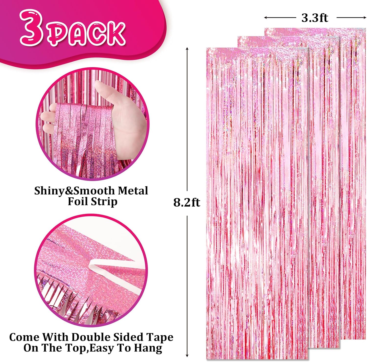 Voircoloria 3 Pack Laser Pink Foil Fringe Backdrop Curtains - Perfect for Birthday, Graduation & Baby Showers
